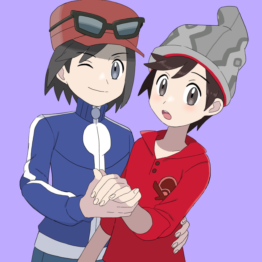 2boys :o beanie black-framed_eyewear black_hair blue_jacket blush brown_eyes brown_hair cable_knit calem_(pokemon) commentary_request eyewear_on_headwear grey_eyes grey_headwear hand_on_another's_hip hat highres holding_hands jacket long_sleeves male_focus multiple_boys open_mouth pokemon pokemon_(game) pokemon_swsh pokemon_xy purple_background red_headwear red_shirt sana_(37pisana) shirt simple_background sleeves_rolled_up sunglasses teeth tongue turtleneck turtleneck_jacket upper_teeth victor_(pokemon)