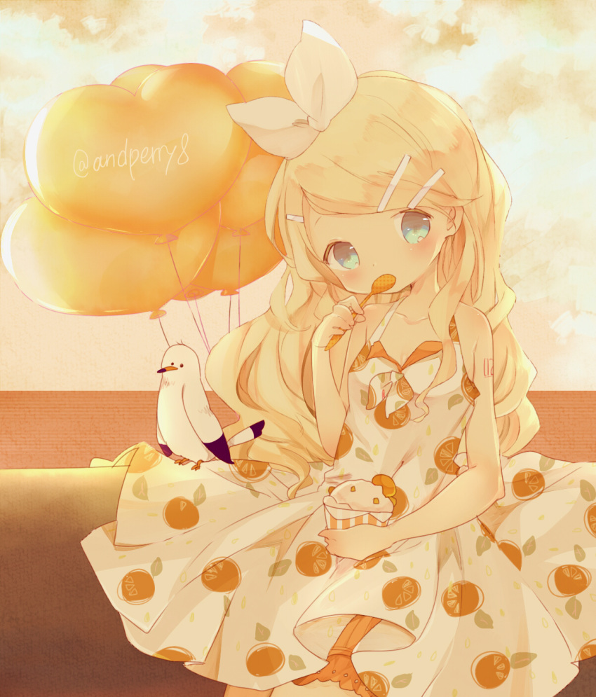 1girl alternate_hairstyle artist_name bad_hands balloon bangs bird blonde_hair bloomers blue_eyes blush bow coco_(hinatacoco) dress food hair_bow hair_ornament hairclip halter_dress halterneck hand_up heart_balloon highres holding holding_food holding_ice_cream holding_spoon kagamine_rin long_hair looking_at_viewer orange_print seagull sleeveless sleeveless_dress solo spoon tied_dress underwear utensil_in_mouth vocaloid