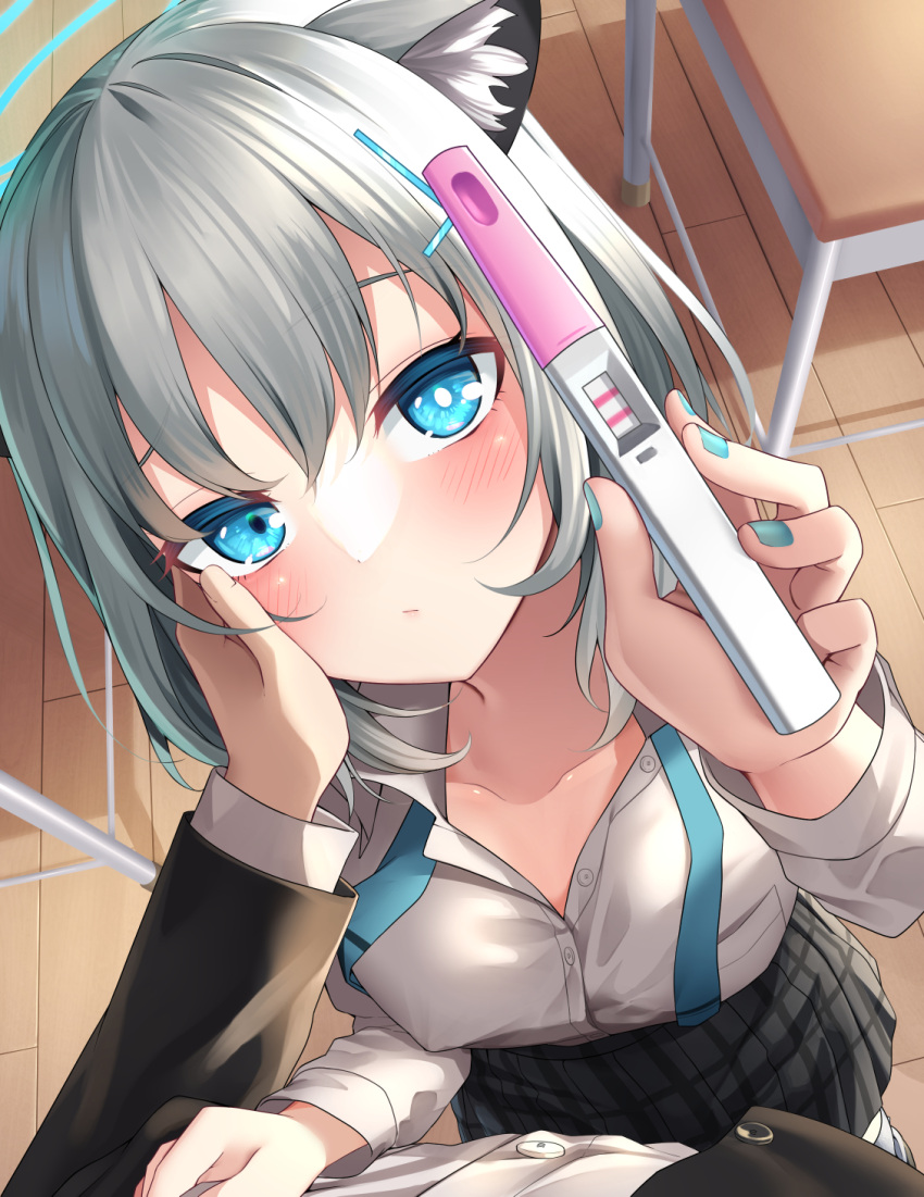 1girl animal_ear_fluff animal_ears blue_archive blue_eyes blush collarbone from_above hair_ornament hand_on_another's_cheek hand_on_another's_face highres looking_at_viewer looking_up menbou_(menbow3v) mismatched_pupils nail_polish pov pregnancy_test scarf school_uniform shiroko_(blue_archive) shirt unbuttoned unbuttoned_shirt white_shirt x_hair_ornament
