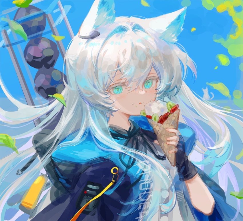 1girl animal_ear_fluff animal_ears arknights bangs black_gloves black_ribbon blue_background blue_eyes blue_jacket cat_ears closed_mouth commentary dress eating english_commentary eyebrows_visible_through_hair fingerless_gloves food food_on_face gloves hair_between_eyes hand_up highres holding holding_food hood hood_down hooded_jacket jacket licking_lips long_hair neck_ribbon open_clothes open_jacket ribbon rosmontis_(arknights) solo spacelongcat tongue tongue_out very_long_hair white_dress white_hair