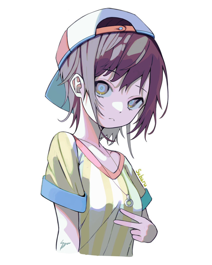 1girl absurdres backwards_hat blue_eyes brown_hair closed_mouth collarbone eyebrows_visible_through_hair grey_background hat highres hololive jewelry multicolored_eyes necklace oozora_subaru ring ring_necklace short_hair signature simple_background solo syu45 upper_body v virtual_youtuber yellow_eyes