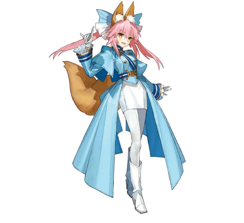 1girl :d animal_ear_fluff animal_ears aqua_bow bangs belt boots bow breasts eyebrows_visible_through_hair fangs fate/extra fate_(series) fox_ears fox_girl fox_shadow_puppet fox_tail frilled_sleeves frills full_body gloves hair_between_eyes hair_bow highres large_breasts long_hair long_sleeves looking_at_viewer military military_uniform official_alternate_costume official_art open_mouth pantyhose pink_hair promotional_art sidelocks skin_fangs skirt smile solo split_ponytail standing tachi-e tail tamamo_(fate) tamamo_no_mae_(fate/extra) transparent_background uniform wada_arco white_bow white_footwear white_gloves white_legwear yellow_eyes