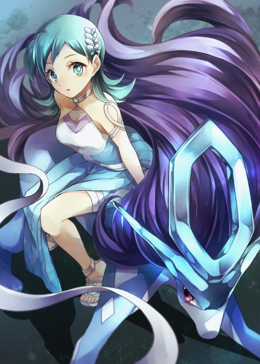 1girl arm_support bangs blue_dress commentary_request dress eyelashes green_eyes green_hair grey_footwear highres kris_(pokemon) long_hair looking_at_viewer official_alternate_costume parted_lips pokemon pokemon_(creature) pokemon_(game) pokemon_masters_ex riding riding_pokemon sandals sitting suicune toes yomogi_(black-elf)