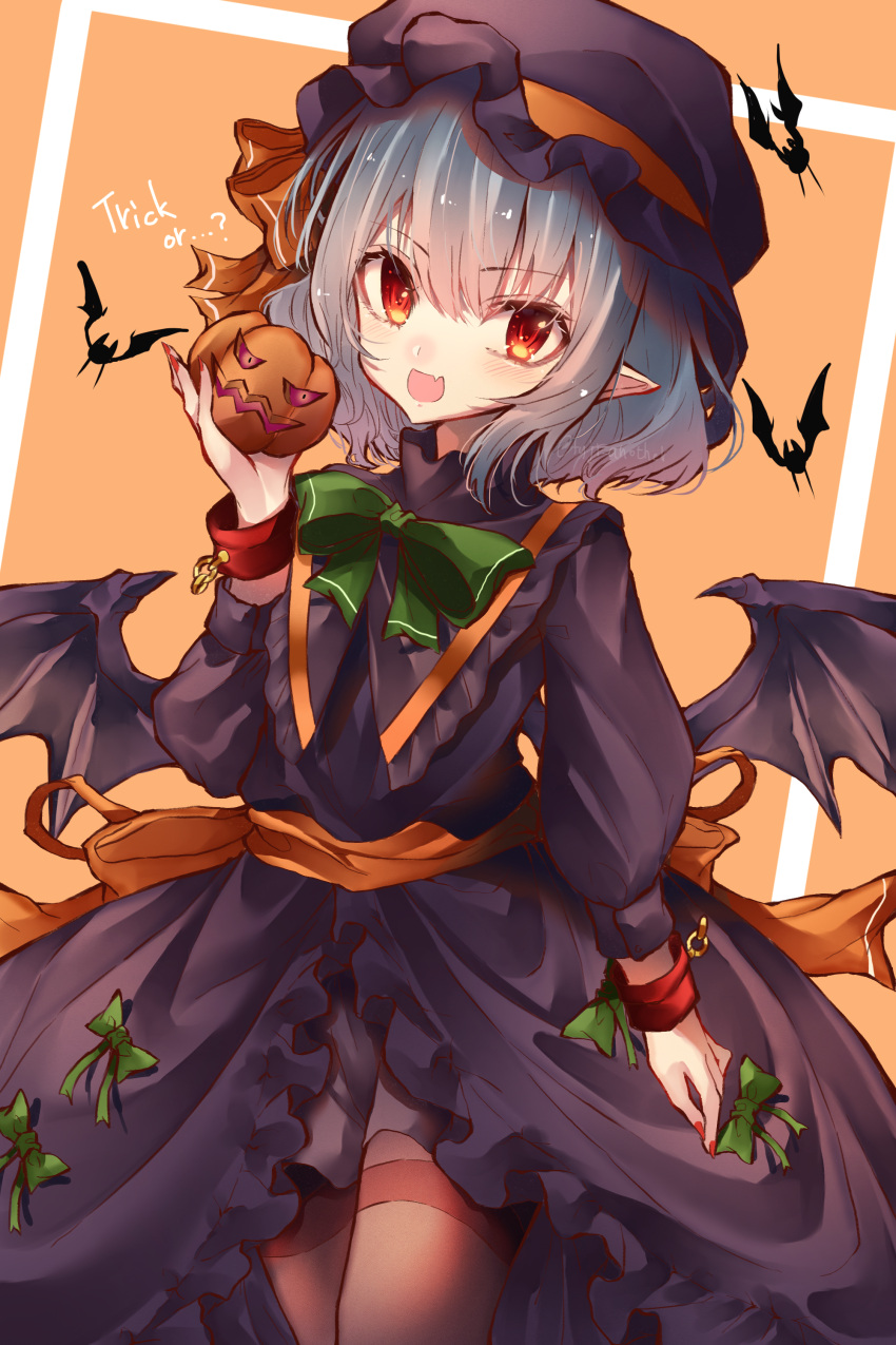 1girl ? absurdres alternate_costume back_bow bat black_dress black_headwear bow bowtie commentary_request cowboy_shot dress eyebrows_visible_through_hair fang fingernails food green_bow green_bowtie grey_hair hair_between_eyes hat hat_ribbon highres holding holding_food holding_pumpkin holding_vegetable katsukare long_sleeves looking_at_viewer mob_cap nail_polish open_mouth orange_background orange_bow orange_ribbon pantyhose pointy_ears puffy_long_sleeves puffy_sleeves pumpkin red_eyes red_nails remilia_scarlet ribbon sharp_fingernails simple_background skin_fang solo touhou trick_or_treat vegetable