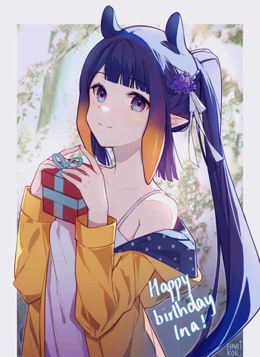 1girl artist_name bangs blue_coat blunt_bangs box braid character_name closed_mouth coat collarbone commentary dress english_commentary eyebrows_visible_through_hair flower gift gift_box gradient_eyes gradient_hair hair_flower hair_ornament hair_ribbon happy_birthday harikoe highres holding holding_gift hololive hololive_english long_hair long_sleeves looking_at_viewer mole mole_under_eye multicolored_eyes multicolored_hair ninomae_ina'nis off_shoulder open_clothes open_coat orange_hair pointy_ears polka_dot purple_flower purple_hair raincoat ribbon sidelocks signature single_bare_shoulder smile solo sundress tentacle_hair two-sided_coat violet_(ninomae_ina'nis) violet_eyes virtual_youtuber white_dress white_ribbon yellow_coat