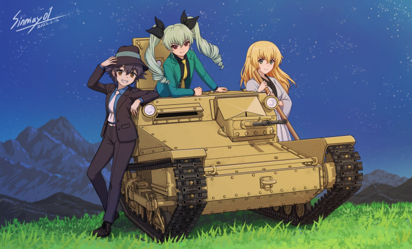 3girls anchovy_(girls_und_panzer) arsene_lupin_iii arsene_lupin_iii_(cosplay) black_footwear black_hair black_jacket black_pants black_ribbon black_shirt blonde_hair braid brown_eyes carpaccio_(girls_und_panzer) carro_veloce_cv-33 commentary_request commission cosplay dated drill_hair girls_und_panzer grass green_eyes green_hair green_jacket ground_vehicle hair_ribbon hat holding holding_sword holding_weapon ishikawa_goemon_xiii ishikawa_goemon_xiii_(cosplay) jacket japanese_clothes jigen_daisuke jigen_daisuke_(cosplay) katana long_hair looking_at_viewer lupin_iii military military_vehicle motor_vehicle multiple_girls necktie night pants pepperoni_(girls_und_panzer) pink_necktie red_eyes ribbon sheath sheathed shinmai_(kyata) shirt short_hair side_braid signature skeb_commission smile sword tank twin_drills twintails weapon yellow_necktie