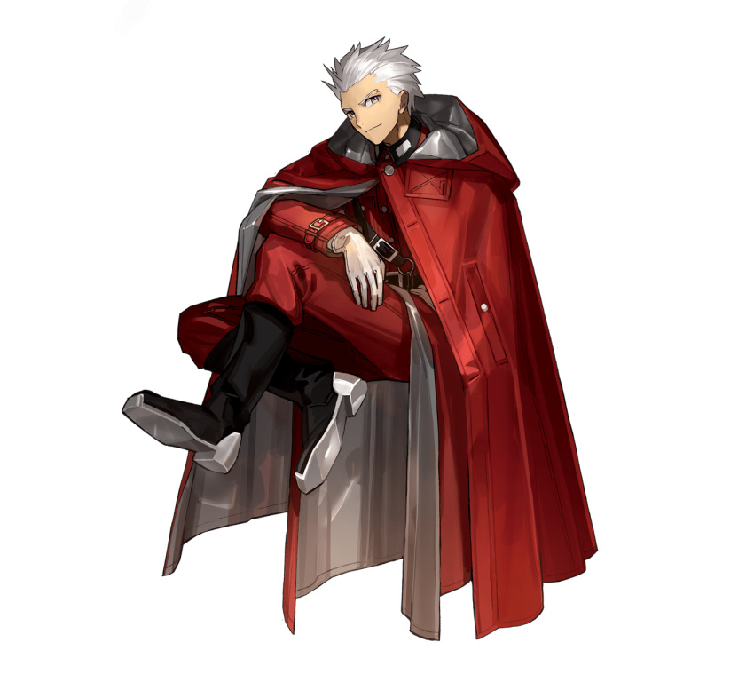 1boy archer_(fate) belt black_collar black_footwear boots coat collar fate/extra fate/stay_night fate_(series) full_body gloves green_hair grey_hair hand_on_own_leg highres hooded_coat looking_at_viewer male_focus military military_uniform no_bangs official_alternate_costume official_art overcoat pants promotional_art red_coat red_pants smile solo tachi-e transparent_background uniform v-shaped_eyebrows wada_arco white_gloves