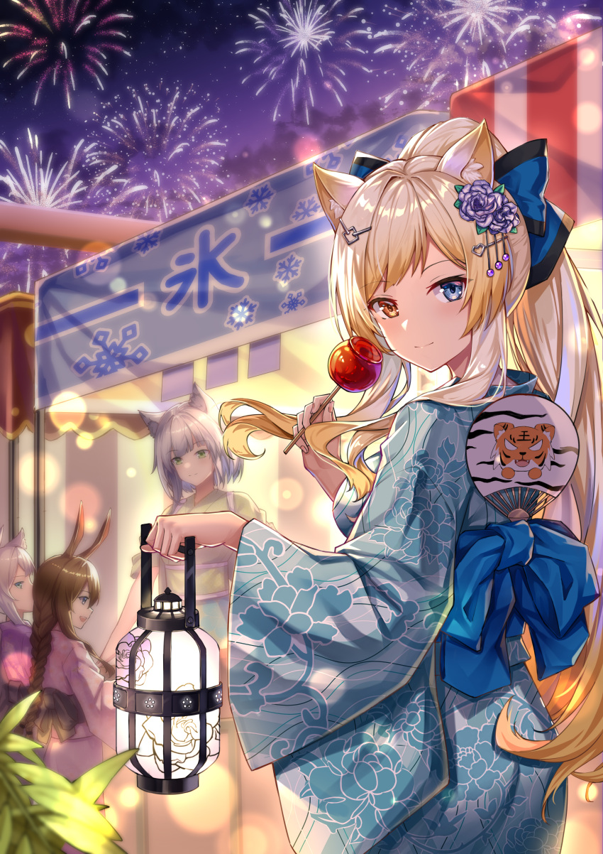 4girls :d absurdres aerial_fireworks amiya_(arknights) animal_ear_fluff animal_ears arknights ass bangs blonde_hair blue_bow blue_eyes blue_kimono bow braid breasts candy_apple cat_ears eyebrows_visible_through_hair fireworks flower food from_behind green_eyes green_kimono grey_hair hair_between_eyes hair_bow hair_flower hair_ornament hand_fan heterochromia highres holding holding_food holding_lantern japanese_clothes kal'tsit_(arknights) kimono lantern long_hair long_sleeves looking_at_viewer looking_back market_stall medium_breasts multiple_girls night night_sky nightmare_(arknights) obi outdoors pink_kimono ponytail profile purple_flower purple_kimono purple_rose rabbit_ears red_eyes rose rosmontis_(arknights) sash short_sleeves single_braid sky smile star_(sky) starry_sky striped striped_bow summer_festival tasuki unmei_no_watashijin very_long_hair wide_sleeves