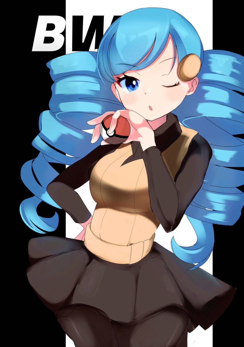 1girl ;o ace_trainer_(pokemon) bangs black_background blue_eyes blue_hair drill_hair eyebrows_visible_through_hair hair_ornament hand_on_hip highres holding holding_poke_ball leggings long_sleeves looking_at_viewer one_eye_closed open_mouth poke_ball pokemon pokemon_(game) pokemon_bw skirt solo twin_drills twintails umiru white_background