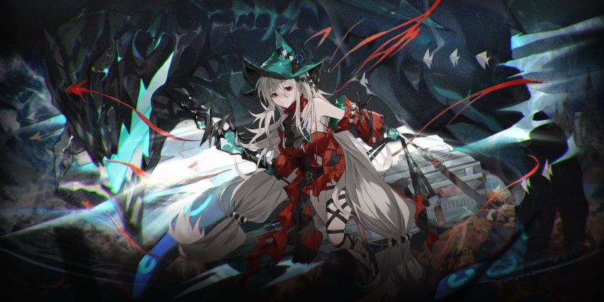 1girl absurdres arknights ascot black_ascot black_ribbon bow case chromatic_aberration clothing_cutout commentary detached_sleeves dress dress_bow fish frilled_sleeves frills full_body gloves green_gloves green_headwear hair_between_eyes hat highres holding holding_staff holding_strap leg_ribbon long_hair looking_at_viewer low-tied_long_hair monster navel_cutout parted_lips red_bow red_dress red_eyes ribbon skadi_(arknights) skadi_the_corrupting_heart_(arknights) solo staff tsurime very_long_hair white_hair zadun