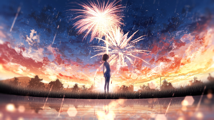 1girl absurdres black_hair blurry blurry_foreground camisole clouds commentary_request facing_away fireworks furi0831 grass highres holding lens_flare orange_sky original power_lines reflection reflective_water scenery short_hair sky solo standing star_(sky) starry_sky sunset tree wide_shot