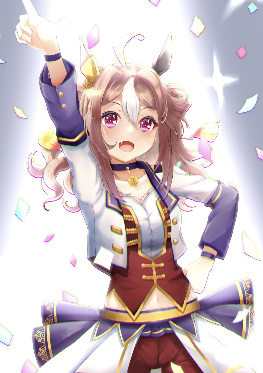 1girl absurdres ahoge animal_ears arm_up blush brown_hair choker clothing_cutout common_race_outfit_(umamusume) confetti copano_rickey_(umamusume) cropped_jacket diffraction_spikes fang half-skirt hand_on_hip highres horse_ears long_hair long_sleeves looking_at_viewer multicolored_hair navel_cutout open_mouth pointing pointing_up red_eyes red_shorts red_vest shintakumin shirt shorts smile solo spotlight sweatdrop two-tone_hair umamusume vest white_hair white_shirt wristband