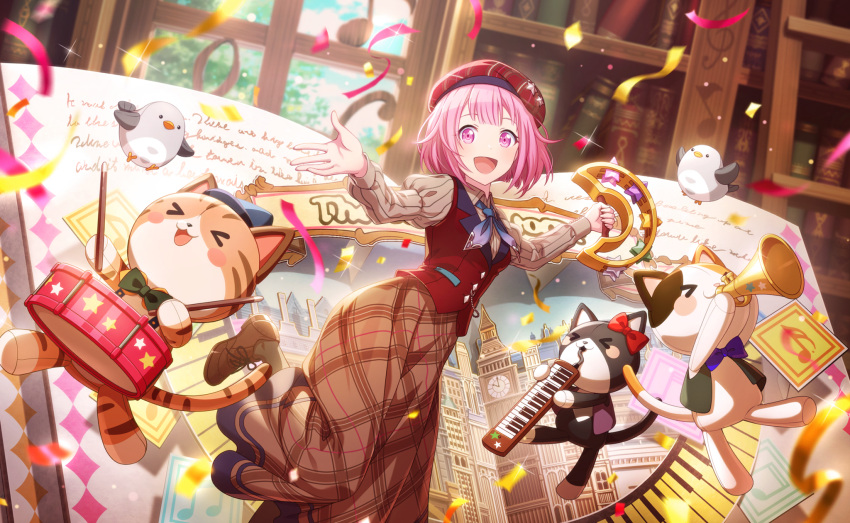 1girl blush bookshelf confetti day dress holding_instrument looking_at_viewer official_art ootori_emu open_book open_mouth pink_eyes pink_hair plush project_sekai short_hair smile solo stuffed_animal window