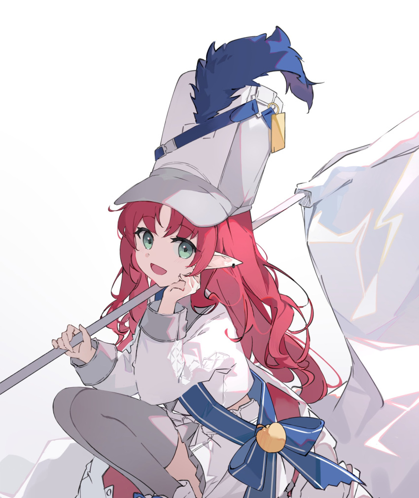 1girl :d apple arknights bangs blue_bow bow ear_piercing eyebrows_visible_through_hair feet_out_of_frame flag food fruit fujimaki_nora golden_apple green_eyes grey_legwear hand_on_own_cheek hand_on_own_face hat_feather hat_ornament highres holding holding_flag long_hair long_sleeves looking_at_viewer miniskirt myrtle_(arknights) myrtle_(light_gold_celebration)_(arknights) official_alternate_costume open_mouth parted_bangs piercing pointy_ears redhead simple_background skirt smile solo squatting thigh-highs uniform very_long_hair white_background white_headwear white_skirt