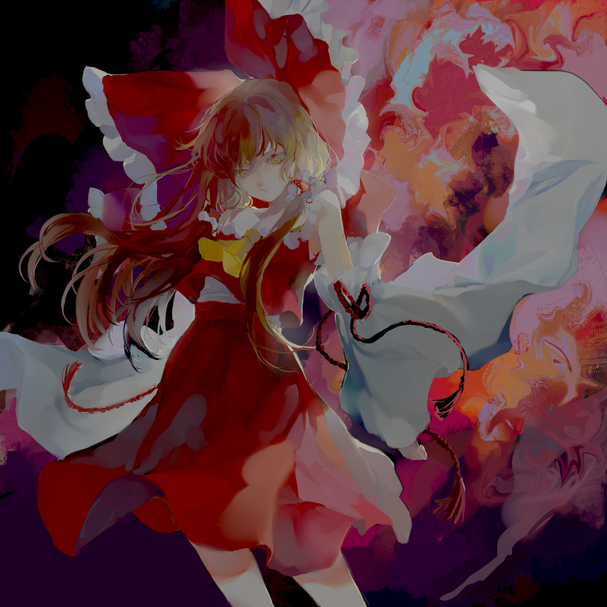 1girl abstract_background absurdres ascot bare_shoulders bow brown_hair chinese_commentary commentary_request cowboy_shot cui_(jidanhaidaitang) detached_sleeves frilled_bow frilled_hair_tubes frilled_shirt_collar frills hair_bow hair_tubes hakurei_reimu highres long_hair red_bow red_skirt red_vest skirt solo tassel touhou vest white_sleeves wide_sleeves yellow_ascot yellow_eyes