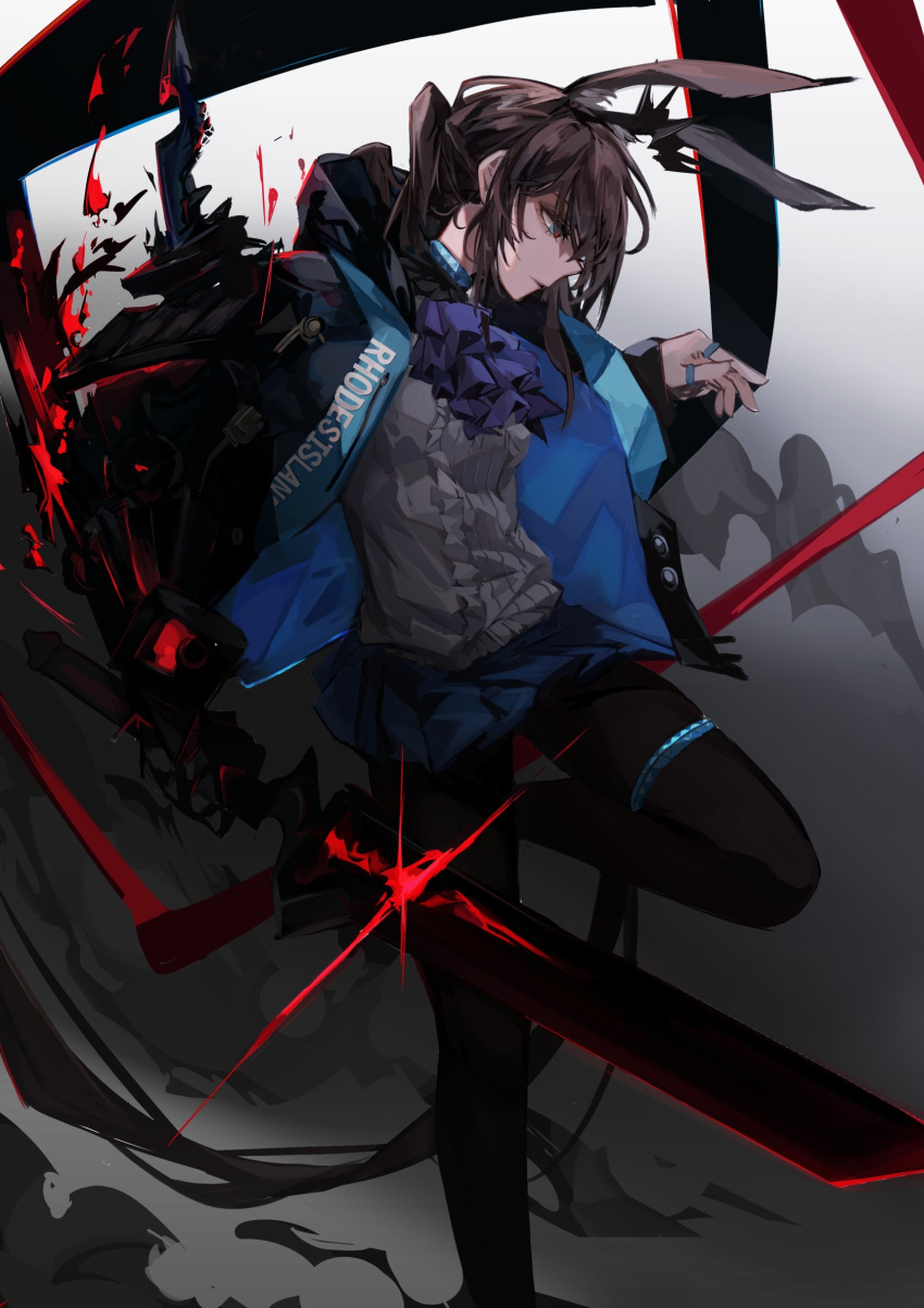 1girl absurdres amiya_(arknights) amiya_(guard)_(arknights) animal_ears arknights arm_armor armor aura bangs black_armor black_fire black_hood black_jacket black_legwear blue_collar blue_eyes blue_jacket blue_skirt breasts brown_hair collar commentary crown dark_aura dust_cloud energy_sword extra_ears fire foot_out_of_frame foot_up frilled_shirt frills from_side gauntlets glowing glowing_armor glowing_sword glowing_weapon grey_background highres holding holding_sword holding_weapon hood hood_down hooded_jacket jabot jacket jewelry knee_up long_bangs looking_down medium_hair mini_crown miniskirt neck_ring official_alternate_costume open_clothes open_jacket originium_arts_(arknights) pantyhose parted_lips pleated_skirt rabbit_ears rabbit_girl red_pupils ring serious shirt shoulder_armor single_gauntlet skirt small_breasts solo standing standing_on_one_leg sword thigh_strap weapon white_shirt zeanue_illust zipper