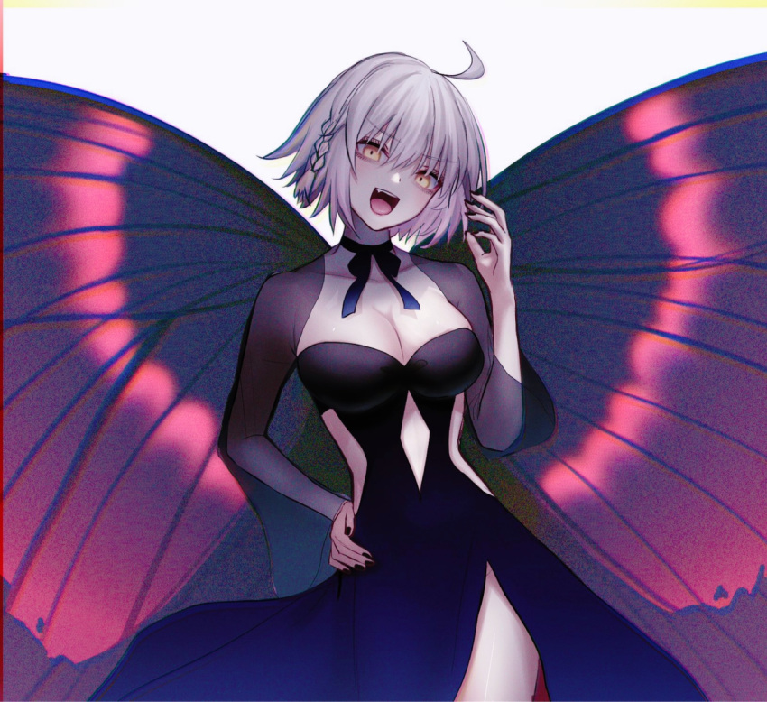 ahoge black_dress black_nails butterfly_wings dress fate/grand_order fate_(series) highres jeanne_d'arc_alter_(fate) non-web_source pale_skin roro_982 white_hair wings yellow_eyes