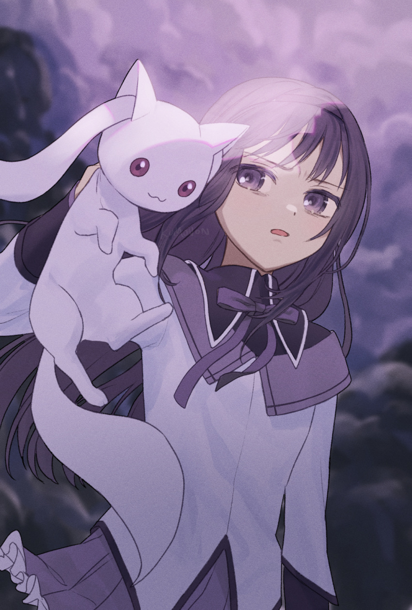 1girl :3 akemi_homura animal bangs capelet frills highres holding holding_animal kumonon_(8f2k3) kyubey long_hair long_sleeves mahou_shoujo_madoka_magica neck_ribbon open_mouth pleated_skirt purple_hair ribbon skirt sleeve_cuffs smoke v-shaped_eyebrows violet_eyes