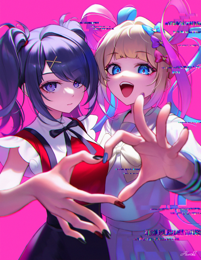 2girls :d absurdres ame-chan_(needy_girl_overdose) bangs black_hair black_nails black_skirt blonde_hair blue_bow blue_bowtie blue_eyes blue_hair blue_nails blunt_bangs bow bowtie chouzetsusaikawa_tenshi-chan closed_mouth colored_inner_hair glitch hair_bow hair_ornament heart heart_hands heart_hands_duo heartki highres long_sleeves looking_at_viewer multicolored_hair multicolored_nails multiple_girls nail_polish needy_girl_overdose pink_background pink_bow pink_hair pleated_skirt purple_bow red_nails red_shirt sailor_collar school_uniform serafuku shirt signature simple_background skirt smile suspender_skirt suspenders twintails upper_body violet_eyes white_sailor_collar white_shirt white_skirt x_hair_ornament yellow_bow yellow_bowtie
