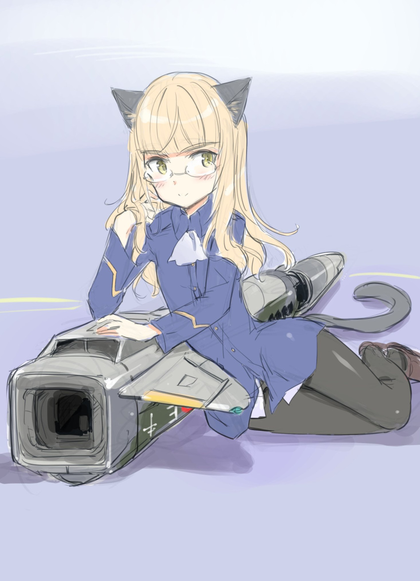1girl animal_ears aohashi_ame black_legwear blonde_hair blush cat_ears cat_tail closed_mouth eyebrows_visible_through_hair glasses highres long_hair military military_uniform neckerchief pantyhose perrine_h._clostermann shiny shiny_hair sketch smile solo strike_witches striker_unit tail uniform world_witches_series yellow_eyes