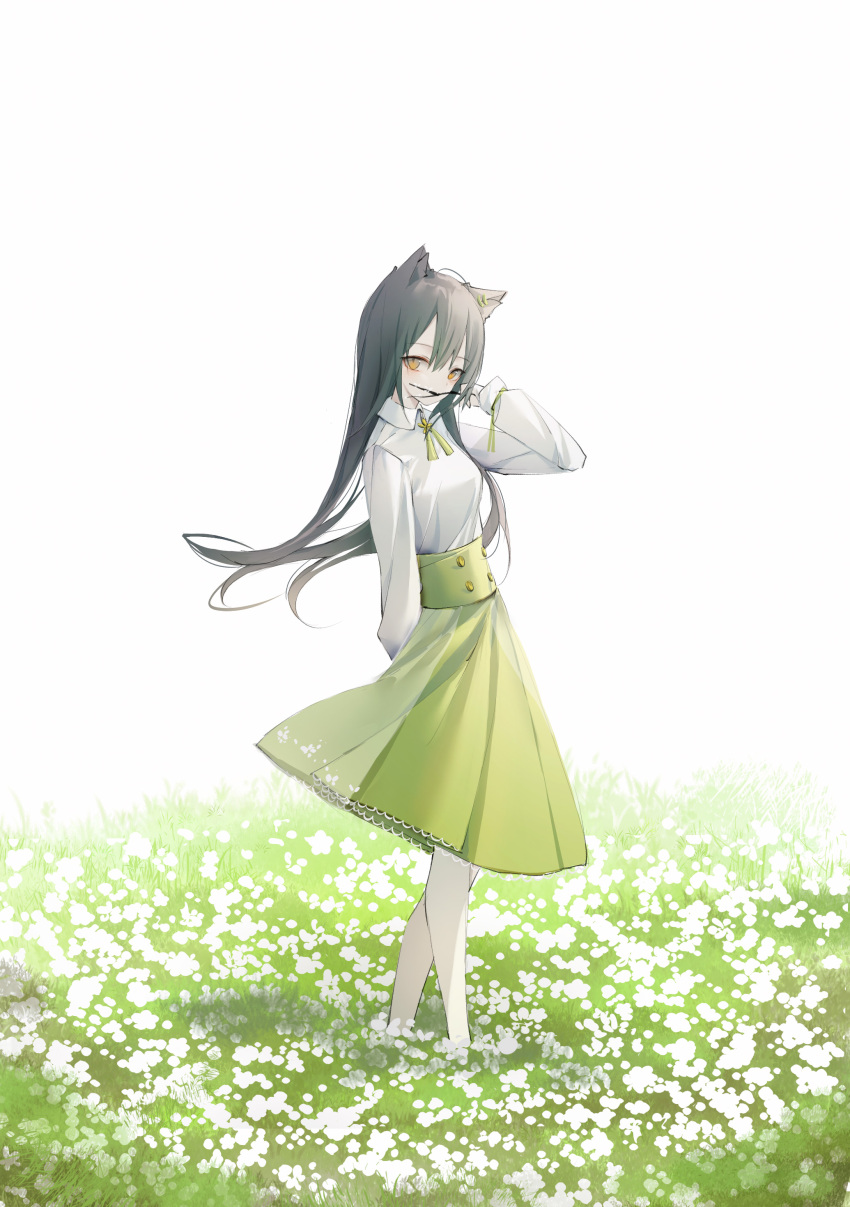 0_(znanimo) 1girl absurdres animal_ear_fluff animal_ears arknights arm_behind_back barefoot black_hair blush branch branch_in_mouth breasts collared_shirt dappled_sunlight eyebrows_visible_through_hair field floral_print flower grass green_skirt hand_in_own_hair highres long_hair long_sleeves looking_at_viewer outdoors shirt simple_background skirt small_breasts solo straight_hair sunlight symbol-only_commentary texas_(arknights) white_background white_shirt wind wind_lift wolf_ears wolf_girl yellow_eyes