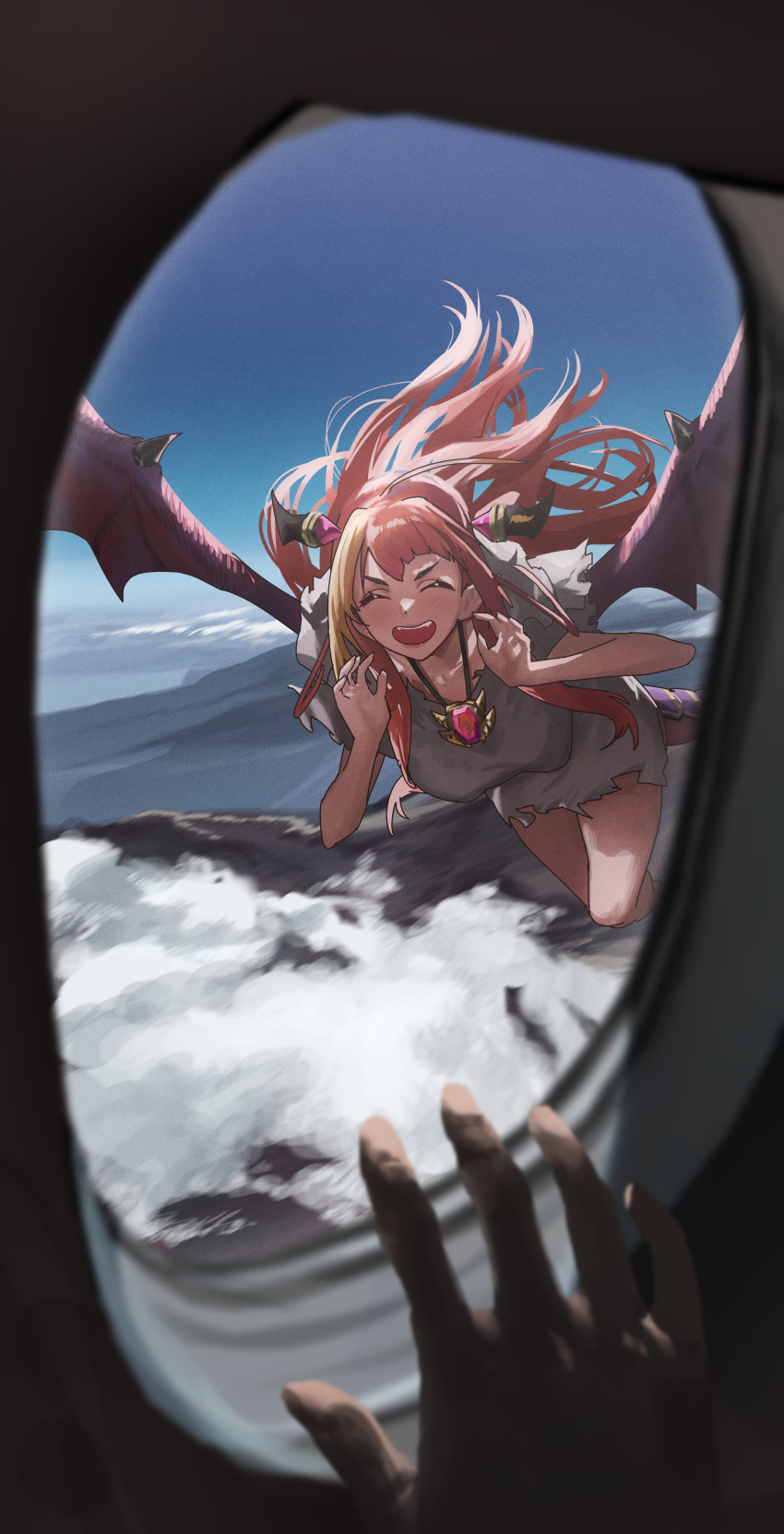 1girl absurdres airplane_interior alternate_costume asymmetrical_bangs bangs blonde_hair blush breasts closed_eyes clouds commentary day dragon_girl dragon_horns dragon_tail dragon_wings dress english_commentary fangs flying full_body grey_dress happy highres hololive horns jewelry kiryu_coco long_hair looking_at_viewer medium_breasts mountain multicolored_hair open_mouth orange_hair pendant pov sidelocks smile solo_focus streaked_hair tail teeth torn_clothes torn_dress two-tone_hair upper_teeth v-shaped_eyebrows virtual_youtuber window wings xiaoju_xiaojie