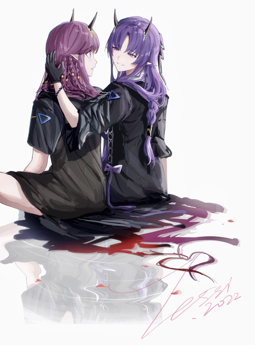 2girls absurdres adjusting_another's_hair arknights bangs black_dress black_gloves bracelet braid dazed dress eye_contact eyebrows_visible_through_hair gloves heart hibiscus_(arknights) hibiscus_the_purifier_(arknights) highres horns jewelry lava_(arknights) lava_the_purgatory_(arknights) long_hair long_sleeves looking_at_another multiple_braids multiple_girls open_mouth parted_bangs parted_lips pointy_ears purple_hair purple_ribbon reflection ribbon short_sleeves siblings signature simple_background sisters sitting smile twins very_long_hair violet_eyes white_background zuo_daoxing