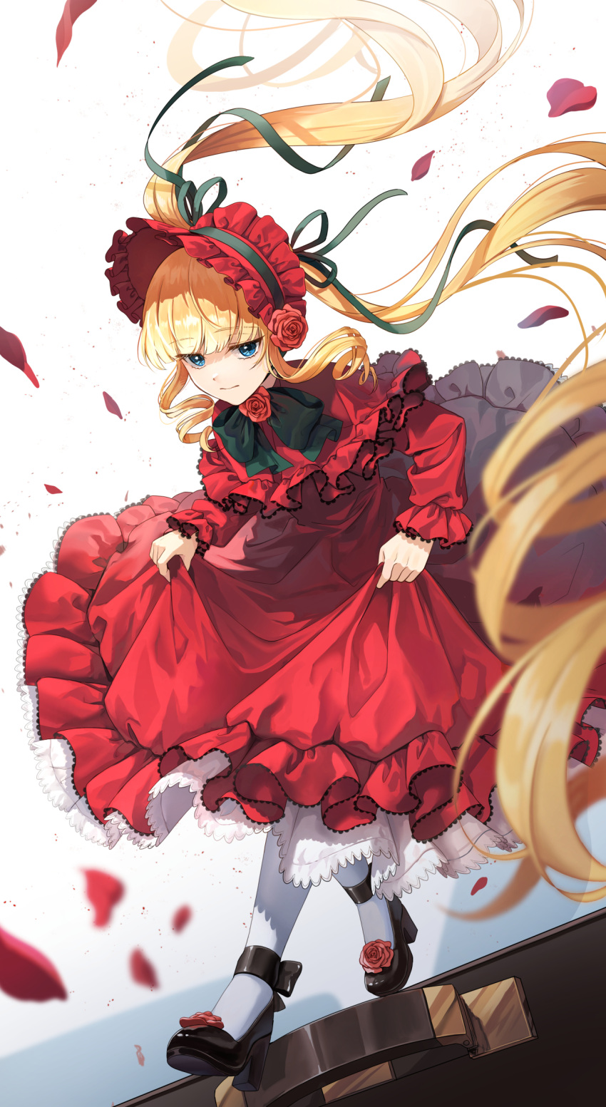 1girl ankle_cuffs bangs blonde_hair blue_eyes blunt_bangs bonnet bow clothes_lift commentary_request dress dress_bow dress_flower dress_lift drill_hair expressionless eyebrows_visible_through_hair falling_petals flower frilled_dress frills hat hat_flower highres lolita_fashion long_hair looking_at_viewer mary_janes pantyhose petals petticoat plus1024 red_dress red_headwear rose rose_petals rozen_maiden shinku shoe_flower shoes simple_background twin_drills very_long_hair white_background white_legwear