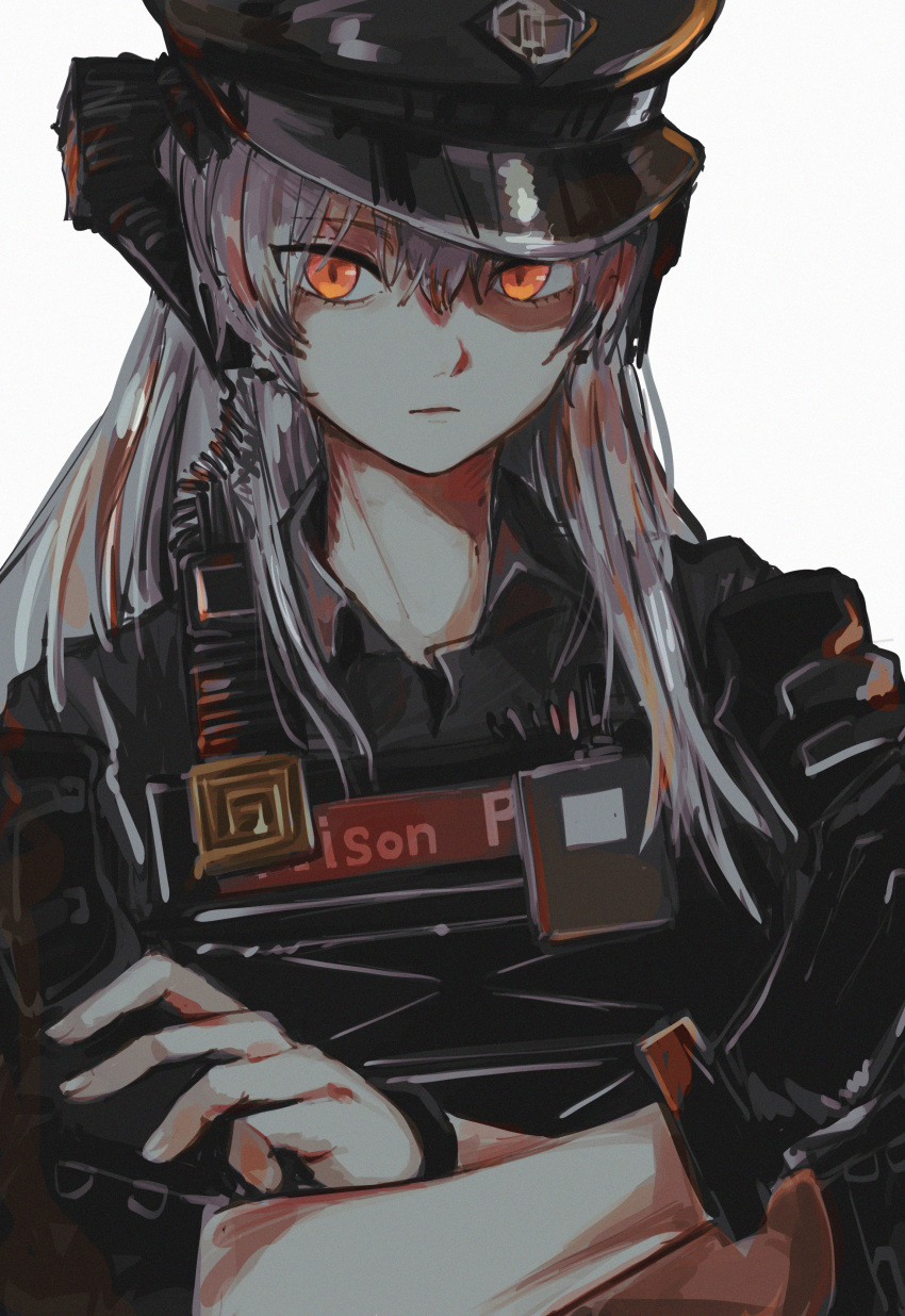 1girl absurdres arknights bangs black_bracelet black_gloves black_headwear black_shirt bulletproof_vest collared_shirt commentary crossed_arms dragon_horns earpiece eyebrows_visible_through_hair gloves hair_between_eyes hat highres horns id_card long_hair long_neck looking_at_viewer military_hat official_alternate_costume orange_eyes peaked_cap police police_hat police_uniform saria_(arknights) saria_(the_law)_(arknights) shirt shoulder_pads simple_background single_glove sleeves_rolled_up slit_pupils solo tactical_clothes uniform upper_body user_mhaa7724 white_background white_hair wing_collar