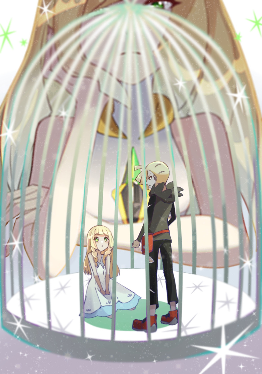 1boy 2girls ahoge birdcage black_pants blonde_hair blurry braid cage closed_mouth collared_dress commentary_request dress frown gladion_(pokemon) highres hood hood_down lillie_(pokemon) long_hair lusamine_(pokemon) miniboy minigirl multiple_girls own_hands_together pants pokemon pokemon_(game) pokemon_sm red_footwear shoes short_hair sitting sparkle ssn_(sasa8u9r) standing torn_clothes torn_pants twin_braids white_dress