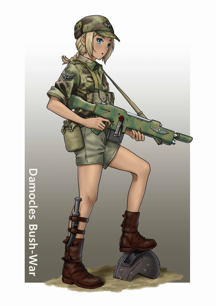 1girl absurdres aqua_eyes assault_rifle belt_pouch blonde_hair boots border braid camouflage camouflage_headwear camouflage_shirt collared_shirt english_commentary english_text full_body gradient gradient_background green_shirt green_shorts gun hat highres holding holding_gun holding_weapon knife leather leather_boots leg_belt looking_at_viewer mardjan medium_hair open_mouth outside_border pouch rifle shirt short_shorts shorts sidelocks simple_background single_braid sleeves_rolled_up solo standing stepped_on thigh-highs warhammer_40k weapon white_border wing_collar