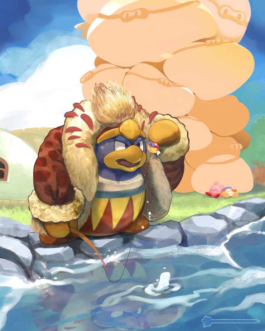 absurdres bandana_waddle_dee coat fishing fishing_rod fur_trim hat highres kappafarm king_dedede kirby kirby's_house kirby_(series) kirby_and_the_forgotten_land looking_at_animal red_coat red_headwear sweatdrop