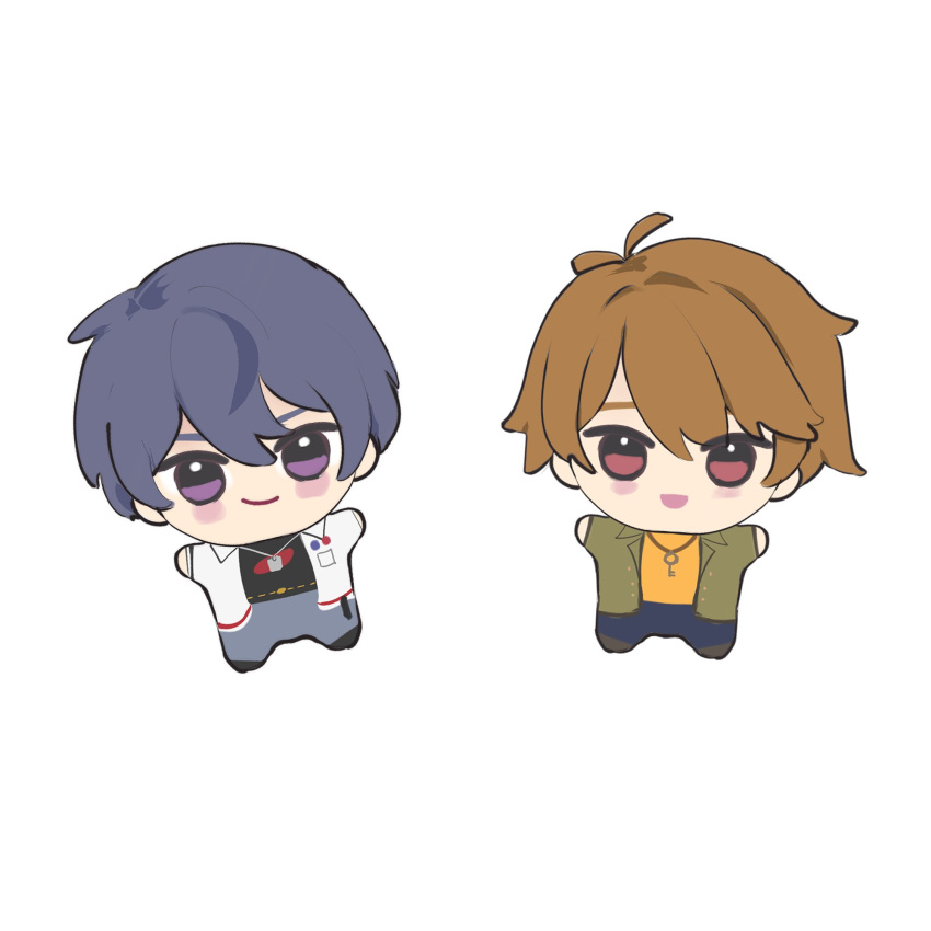 2boys ahoge antenna_hair bangs black_shirt blush breast_pocket chibi collared_shirt color_request commentary crossed_bangs dog_tags english_commentary green_shirt grey_eyes hair_between_eyes highres key key_necklace looking_at_viewer luke_pearce_(tears_of_themis) male_focus marius_von_hagen_(tears_of_themis) multiple_boys open_clothes open_mouth open_shirt orange_hair orange_shirt pants pink_pants pocket purple_hair purple_pants shirt shirt_under_shirt short_hair sidelocks simple_background smile swept_bangs tears_of_themis tofuubuns violet_eyes white_background white_shirt