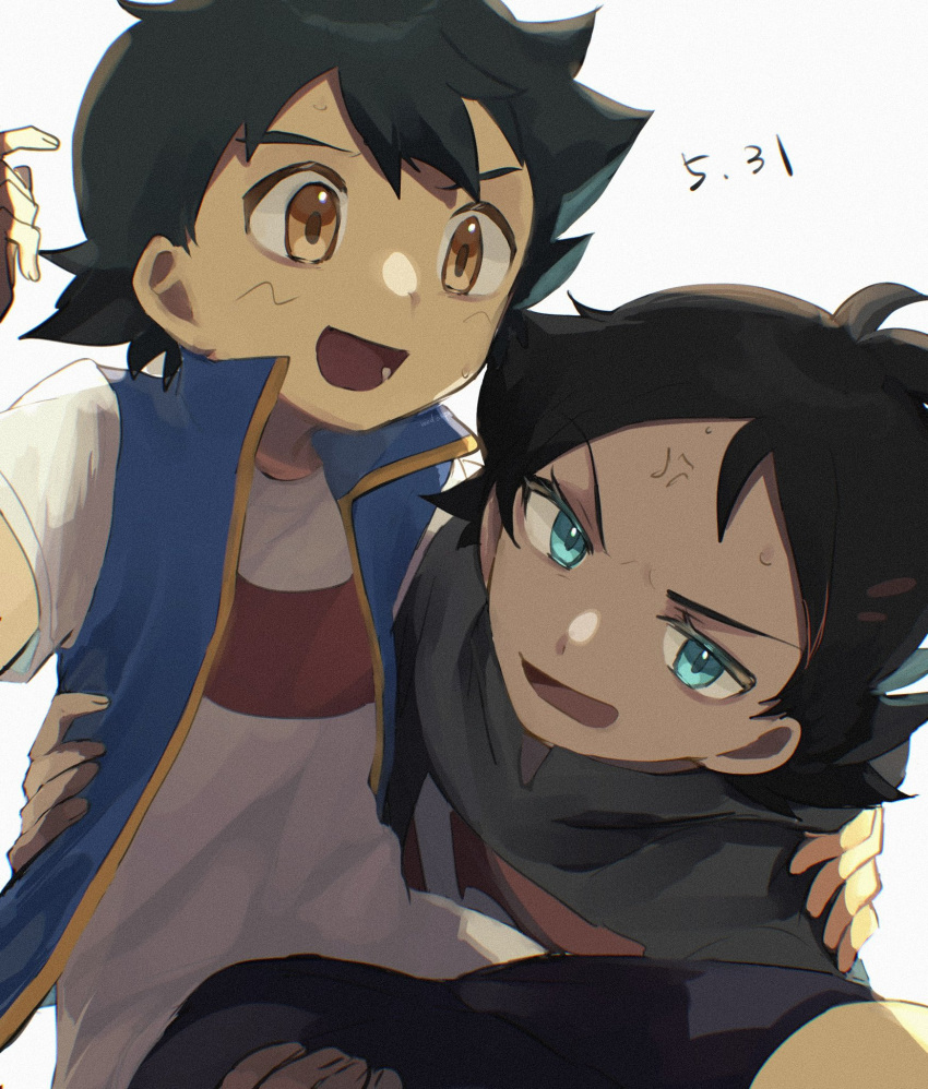 2boys ash_ketchum black_hair blue_eyes brown_eyes carrying child close-up commentary_request dark-skinned_male dark_skin eyebrows_visible_through_hair goh_(pokemon) highres holding_person implied_yaoi lifting lifting_person male_child male_focus meddo multiple_boys open_mouth pokemon short_hair short_sleeves simple_background smile white_background