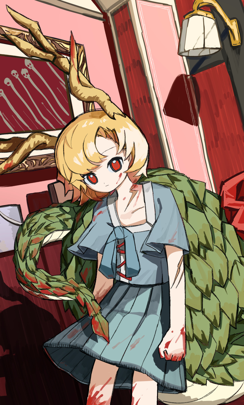 1girl :| absurdres antlers arms_at_sides blonde_hair blood blood_on_clothes blood_on_face blood_on_hands blood_on_leg blue_shirt blue_skirt closed_mouth commentary cowboy_shot dragon_tail expressionless eyebrows_behind_hair highres indoors kicchou_yachie lamp looking_at_viewer neruzou painting_(object) picture_frame pleated_skirt red_eyes scar scar_on_arm shirt short_hair short_sleeves skirt skirt_set solo tail touhou turtle_shell