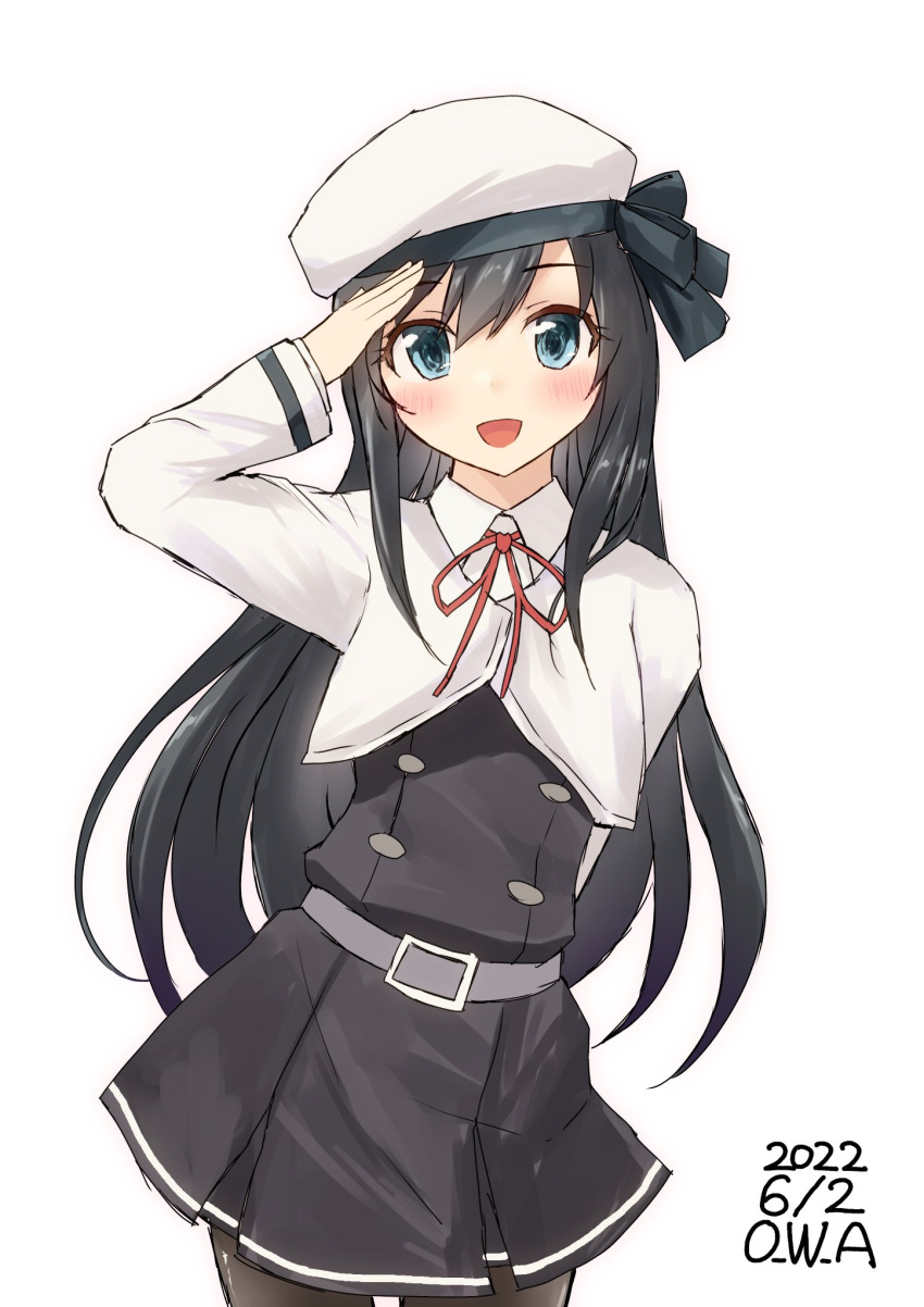 1girl artist_name asashio_(kancolle) asashio_kai_ni_(kancolle) black_hair black_legwear blue_eyes commentary_request cowboy_shot dated dress highres jacket kantai_collection long_hair looking_at_viewer one-hour_drawing_challenge owa_(ishtail) pantyhose pinafore_dress simple_background solo white_background white_jacket