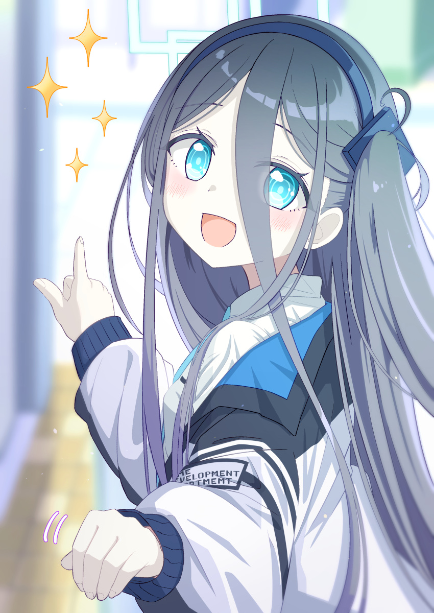 1girl absurdres arisu_(blue_archive) bea8do88 black_hair blue_archive blue_necktie hairband halo highres jacket long_hair looking_at_viewer looking_to_the_side necktie off_shoulder one_side_up open_mouth school_uniform shirt solo sparkle white_shirt