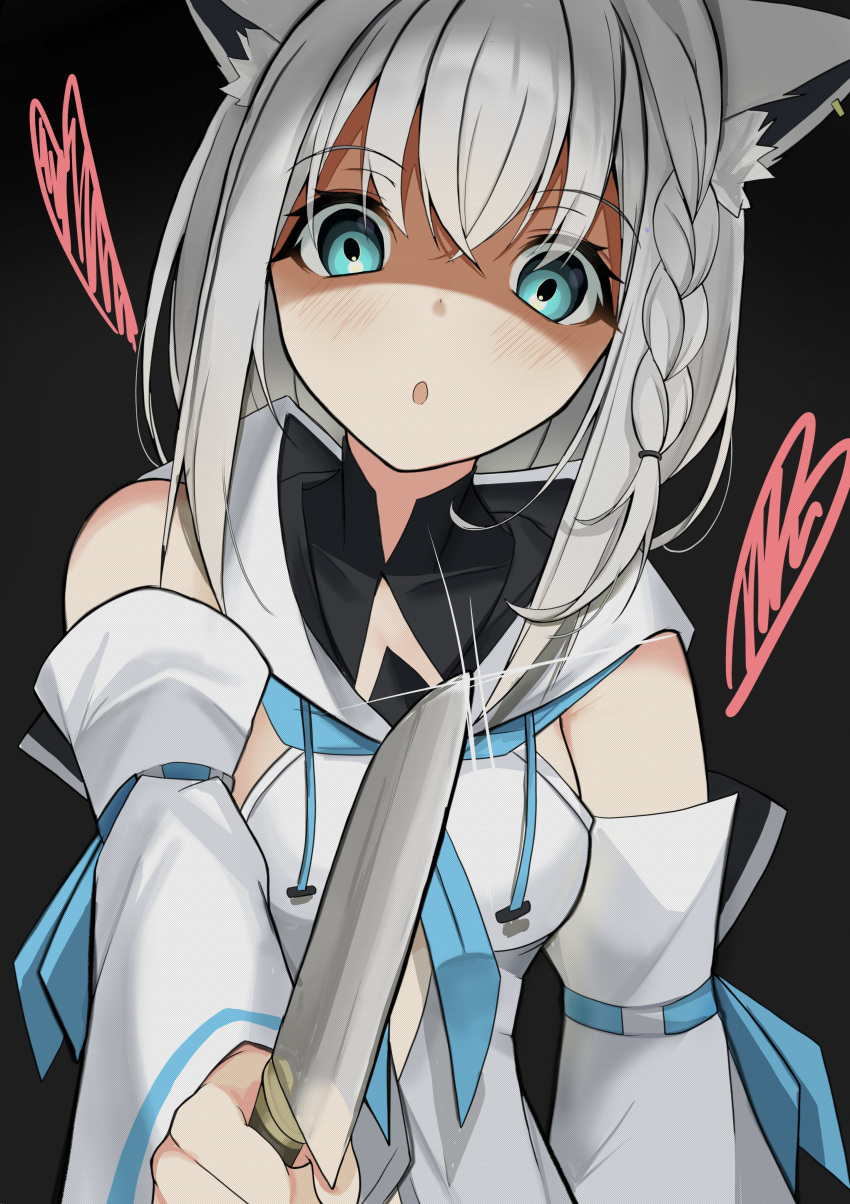 1girl :o absurdres animal_ear_fluff animal_ears aqua_eyes bangs black_background blue_neckerchief blush braid breasts commentary_request detached_sleeves earrings eyebrows_visible_through_hair eyelashes fox_ears fox_girl grey_hair hair_between_eyes heart highres holding holding_knife hololive jewelry knife kosh long_hair long_sleeves looking_at_viewer medium_breasts neckerchief open_mouth shirakami_fubuki sidelocks simple_background single_braid solo upper_body virtual_youtuber yandere