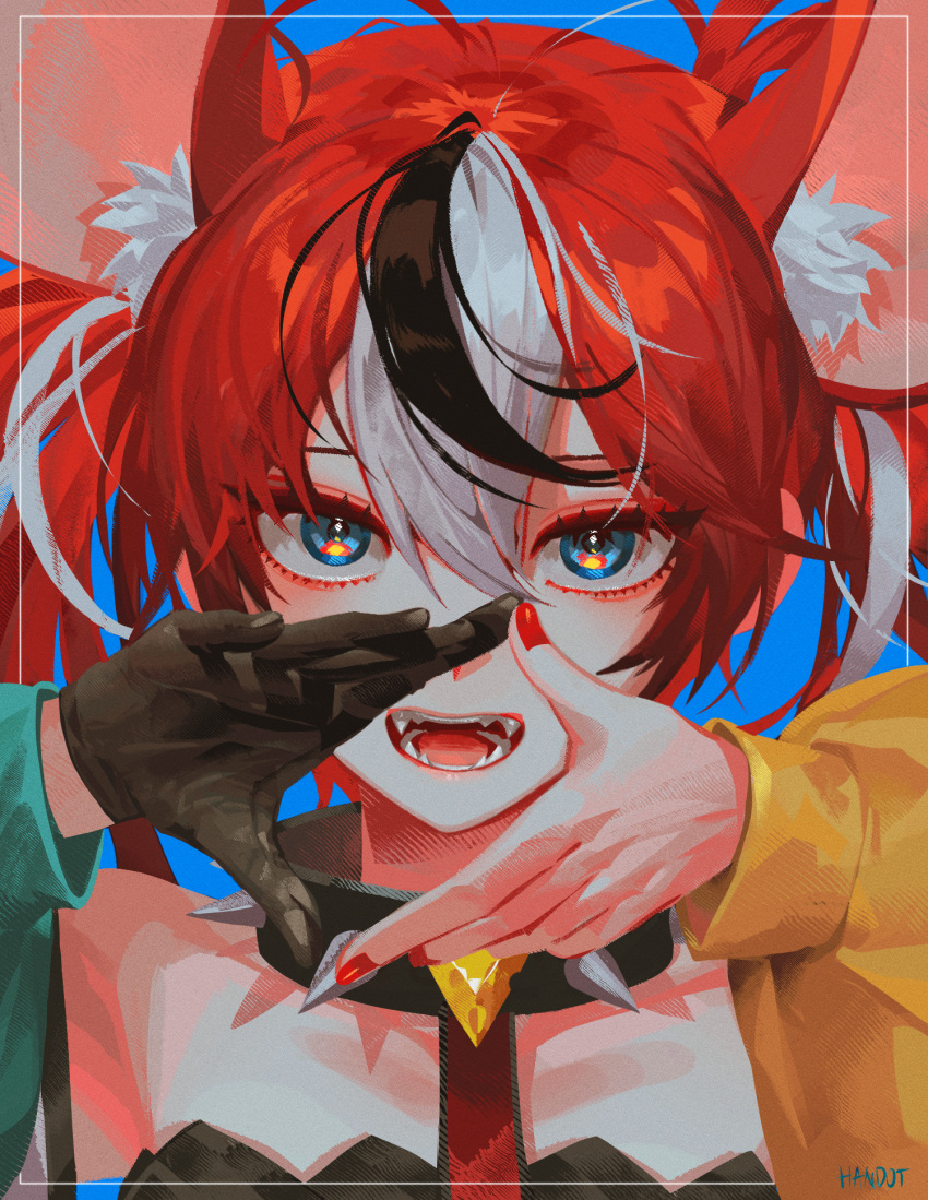 1girl :d animal_ear_fluff animal_ears asymmetrical_sleeves black_collar black_gloves black_hair blue_background blue_eyes cheese collar finger_frame food gloves hair_between_eyes hakos_baelz handot_(d_yot_) highres hololive hololive_english long_sleeves looking_at_viewer mismatched_sleeves mouse_ears multicolored_hair nail_polish puffy_long_sleeves puffy_sleeves red_nails redhead simple_background single_glove smile solo spiked_collar spikes streaked_hair virtual_youtuber white_hair