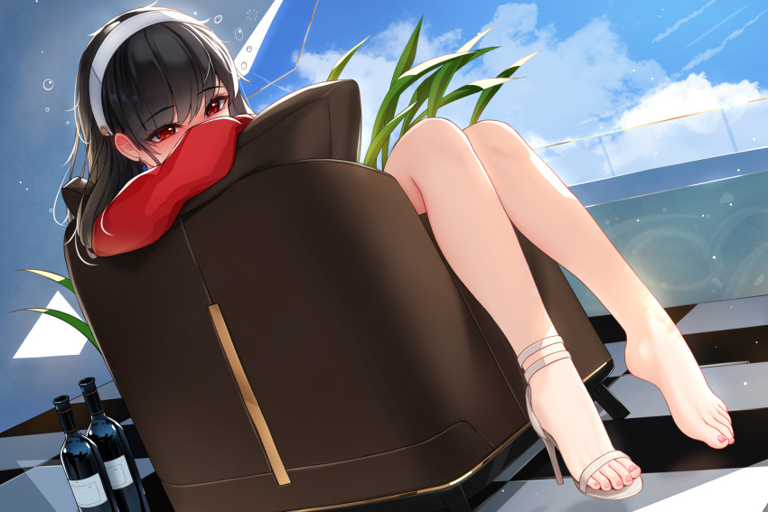 1girl bangs black_hair blush bottle covered_mouth damao_yu eyebrows_visible_through_hair hairband high_heels highres long_hair long_sleeves outdoors red_eyes sitting solo spy_x_family toes white_footwear white_hairband wine_bottle yor_briar