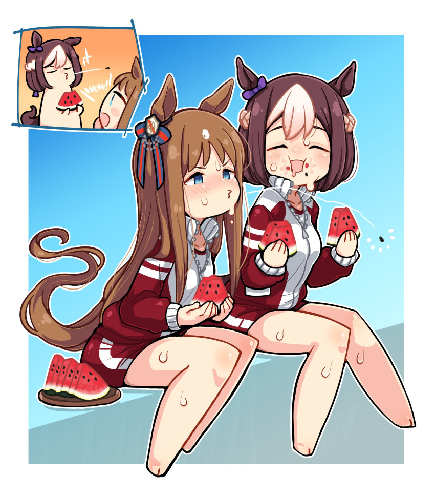 2girls absurdres animal_ears bangs barefoot blush breasts brown_hair closed_eyes commission ear_bow english_text food food_on_face grass_wonder_(umamusume) highres holding holding_food horse_ears horse_girl horse_tail jacket long_hair long_sleeves multicolored_hair multiple_girls nose_blush open_mouth plate puckered_lips red_shorts short_hair shorts sitting skeb_commission small_breasts special_week_(umamusume) spitting sweatdrop syoya_ko tail track_jacket two-tone_hair umamusume v-shaped_eyebrows watermelon_seeds watermelon_slice