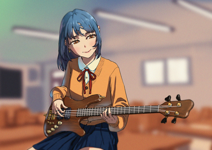 1girl absurdres bangs bass_guitar blue_hair blue_skirt blurry blurry_background blush brown_cardigan brown_eyes cardigan classroom collared_shirt commentary_request dress_shirt earrings english_commentary guitar head_tilt highres holding holding_instrument instrument jewelry lips long_sleeves medium_hair mixed-language_commentary music neck_ribbon original playing_instrument pleated_skirt red_ribbon ribbon ring school_uniform shirt sitting skirt smile solo tudou_jun white_shirt