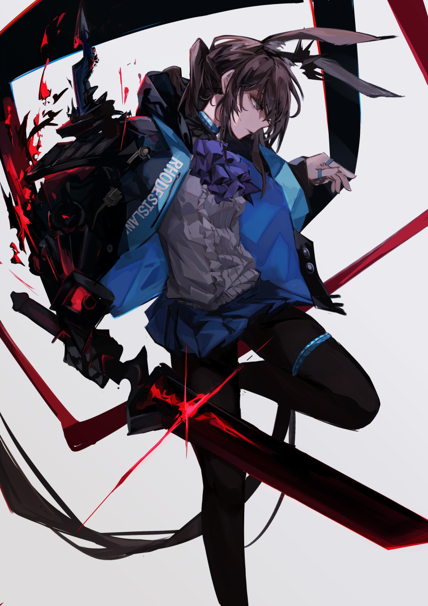 1girl absurdres amiya_(arknights) amiya_(guard)_(arknights) animal_ears arknights arm_armor armor aura bangs black_armor black_fire black_hood black_jacket black_legwear blue_collar blue_eyes blue_jacket blue_skirt breasts brown_hair collar commentary crown dark_aura energy_sword extra_ears fire foot_out_of_frame foot_up frilled_shirt frills from_side gauntlets glowing glowing_armor glowing_sword glowing_weapon highres holding holding_sword holding_weapon hood hood_down hooded_jacket jabot jacket jewelry knee_up long_bangs looking_down medium_hair mini_crown miniskirt neck_ring official_alternate_costume open_clothes open_jacket originium_arts_(arknights) pantyhose parted_lips pleated_skirt rabbit_ears rabbit_girl red_pupils ring serious shirt shoulder_armor single_gauntlet skirt small_breasts solo standing standing_on_one_leg sword thigh_strap weapon white_background white_shirt zeanue_illust zipper