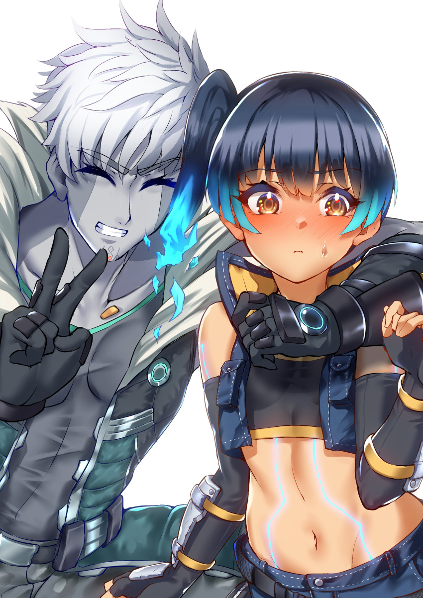 1boy 1girl absurdres black_bodysuit blue_eyes bodysuit breast_tattoo breasts chest_jewel eyebrows_visible_through_hair fiery_hair gloves glowing_lines head_wings high_tops highres hug jacket lanz_(xenoblade) long_hair looking_at_viewer multicolored_hair navel ponytail sena_(xenoblade) shorts shoulder_strap side_ponytail siebolds_demon simple_background smile sports_bra tattoo white_hair xenoblade_chronicles_(series) xenoblade_chronicles_3