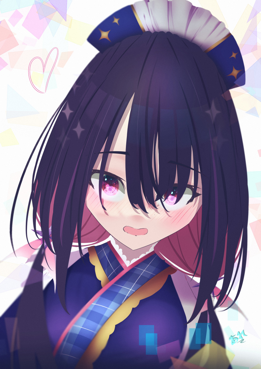 1girl absurdres are_joel black_hair blue_headwear blue_kimono blurry blush colored_inner_hair depth_of_field eyebrows_visible_through_hair gradient_eyes hair_between_eyes hair_over_one_eye heart highres hina_misora japanese_clothes kimono looking_at_viewer low_twintails multicolored_eyes multicolored_hair open_mouth pink_eyes pink_hair plaid_kimono sidelocks signature sparkle twintails two-tone_hair virtual_youtuber wactor_production white_background yellow_eyes