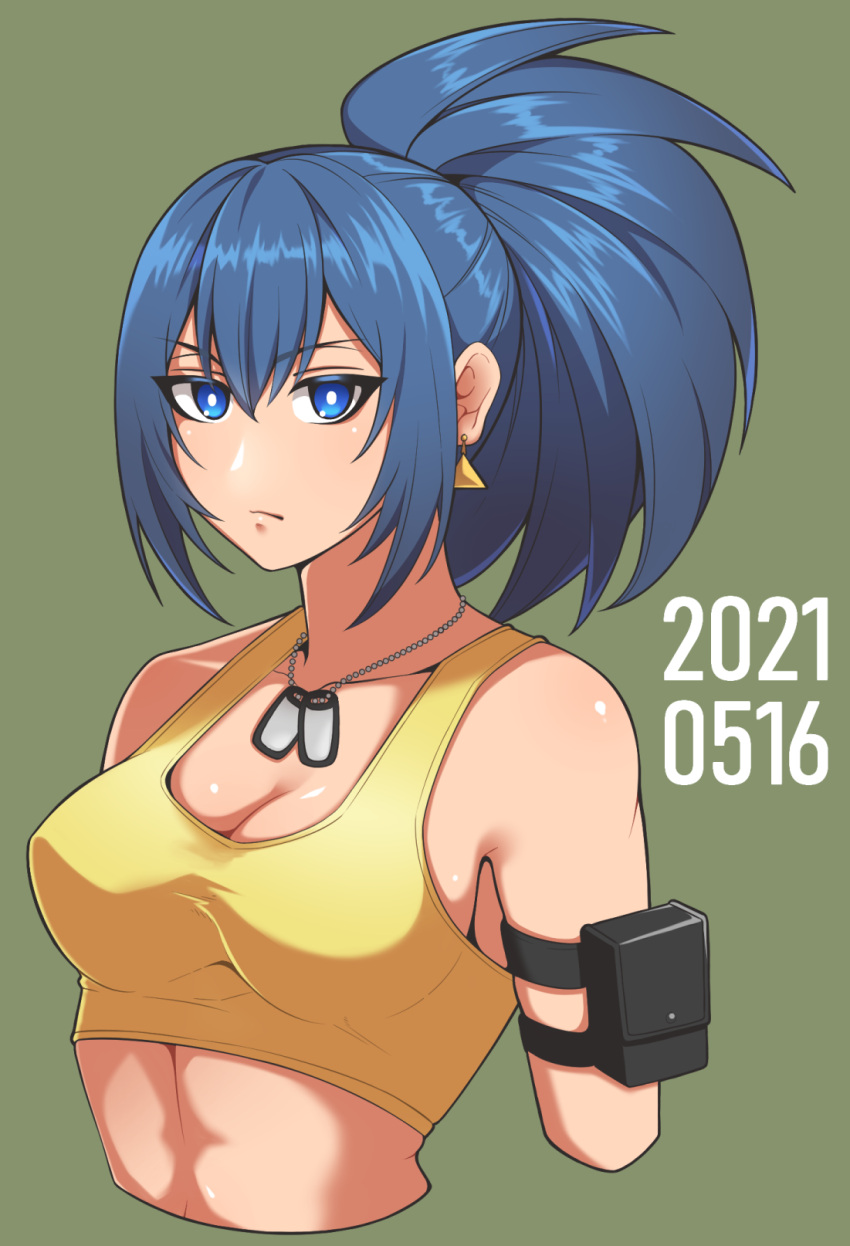 1girl armlet bare_shoulders blue_eyes blue_hair breasts dated dog_tags earrings fighting_game highres jewelry leona_heidern looking_at_viewer muko_(tundere) pocket ponytail simple_background sleeveless solo tank_top the_king_of_fighters the_king_of_fighters_xv