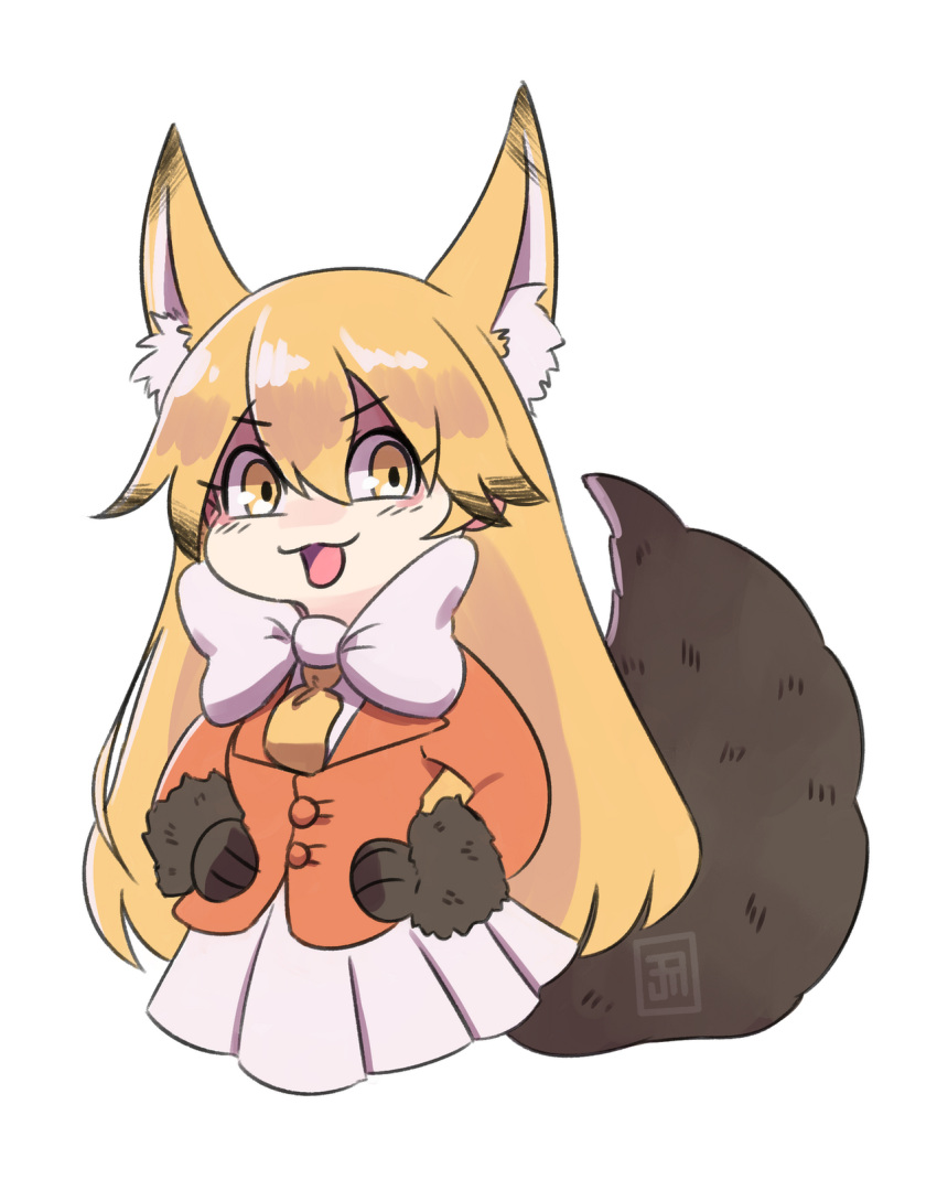 1girl :d animal_ear_fluff animal_ears animal_hands bangs blonde_hair blush bow bowtie buttons chibi commentary cropped_torso english_commentary extra_ears eyebrows_visible_through_hair ezo_red_fox_(kemono_friends) fox_ears fox_girl fox_tail fur-trimmed_sleeves fur_trim gloves gradient_hair hair_between_eyes highres jacket kemono_friends lapel long_hair long_sleeves looking_at_viewer mjdalleria multicolored_hair necktie open_mouth paw_gloves pleated_skirt simple_background skirt smile smug solo tail white_background white_bow white_bowtie white_skirt yellow_eyes yellow_necktie