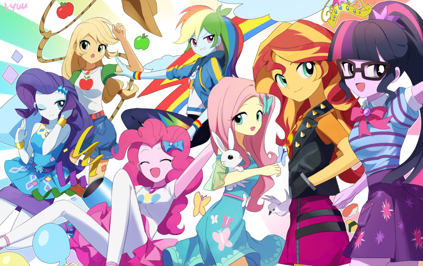 6+girls angel_bunny applejack bird blonde_hair bug butterfly butterfly_hair_ornament closed_eyes collar colored_skin cowboy_hat crown fluttershy glasses hair_ornament hat highres jacket lasso long_hair multicolored_hair multiple_girls my_little_pony my_little_pony_equestria_girls orange_hair pants pantyhose party_cannon pinkie_pie ponytail purple_hair rabbit rainbow rainbow_dash rainbow_hair rarity redhead ryuu sci-twi shirt skirt smile spiked_collar spikes streaked_hair sunset_shimmer twilight_sparkle