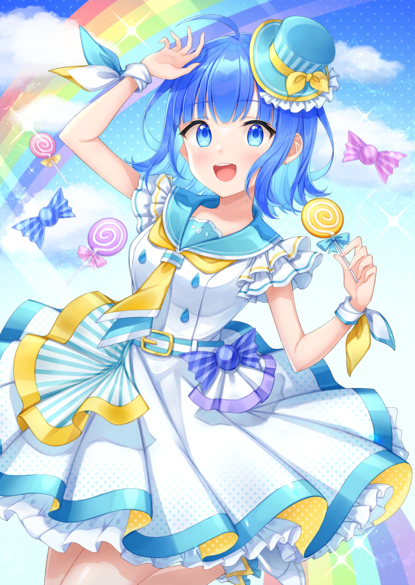 1girl :d ahoge ankle_boots bangs belt blue_eyes blue_hair blush boots candy clouds dress flipped_hair food frilled_sleeves frills hand_on_own_head hat highres holding holding_candy holding_food holding_lollipop layered_skirt lollipop looking_at_viewer midori_miyako mini_hat mini_top_hat neckerchief open_mouth original petticoat rainbow ribbon sailor_collar sailor_dress short_hair short_sleeves skirt smile solo standing standing_on_one_leg striped_belt swirl_lollipop top_hat wrist_ribbon