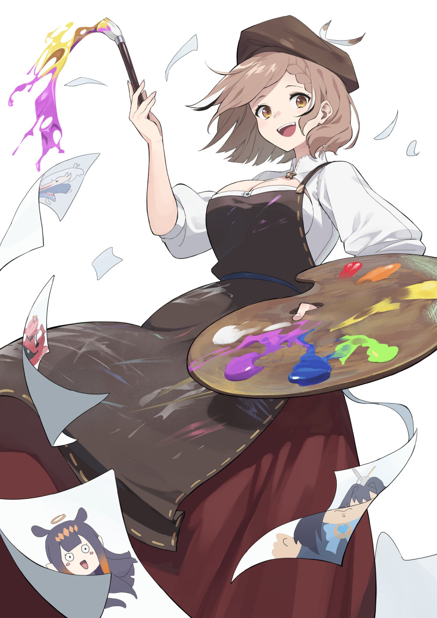 1girl :d absurdres apron bangs beret braid braided_bangs brown_apron brown_eyes brown_hair cleavage_cutout clothing_cutout feathers hat highres hololive hololive_english long_skirt looking_at_viewer multicolored_hair nanashi_mumei nanashi_mumei's_horror_painting official_alternate_costume paint_splatter paintbrush palette_(object) paper pleated_skirt red_skirt shirt short_hair skirt smile streaked_hair virtual_youtuber white_shirt wind wind_lift yogurt_dahi